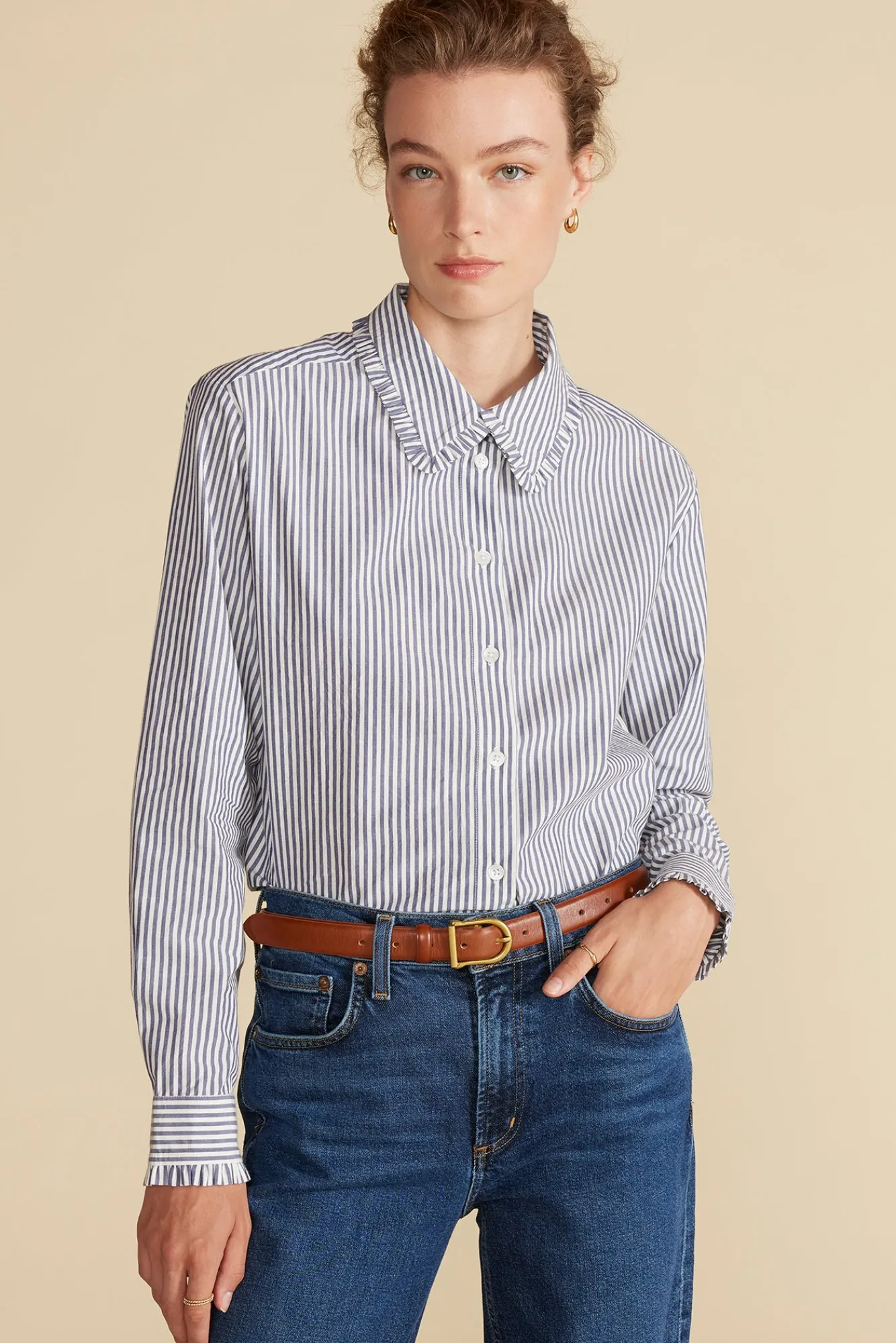 Amour Vert Edelie Ruffled Poplin Shirt- Blouses & Shirts|Tops