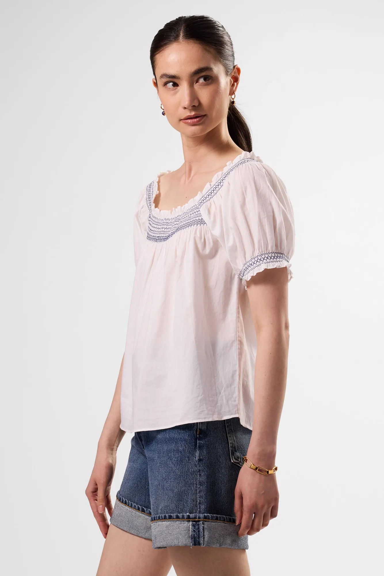 Amour Vert Embroidered Smocked Top- Tops|Clearance