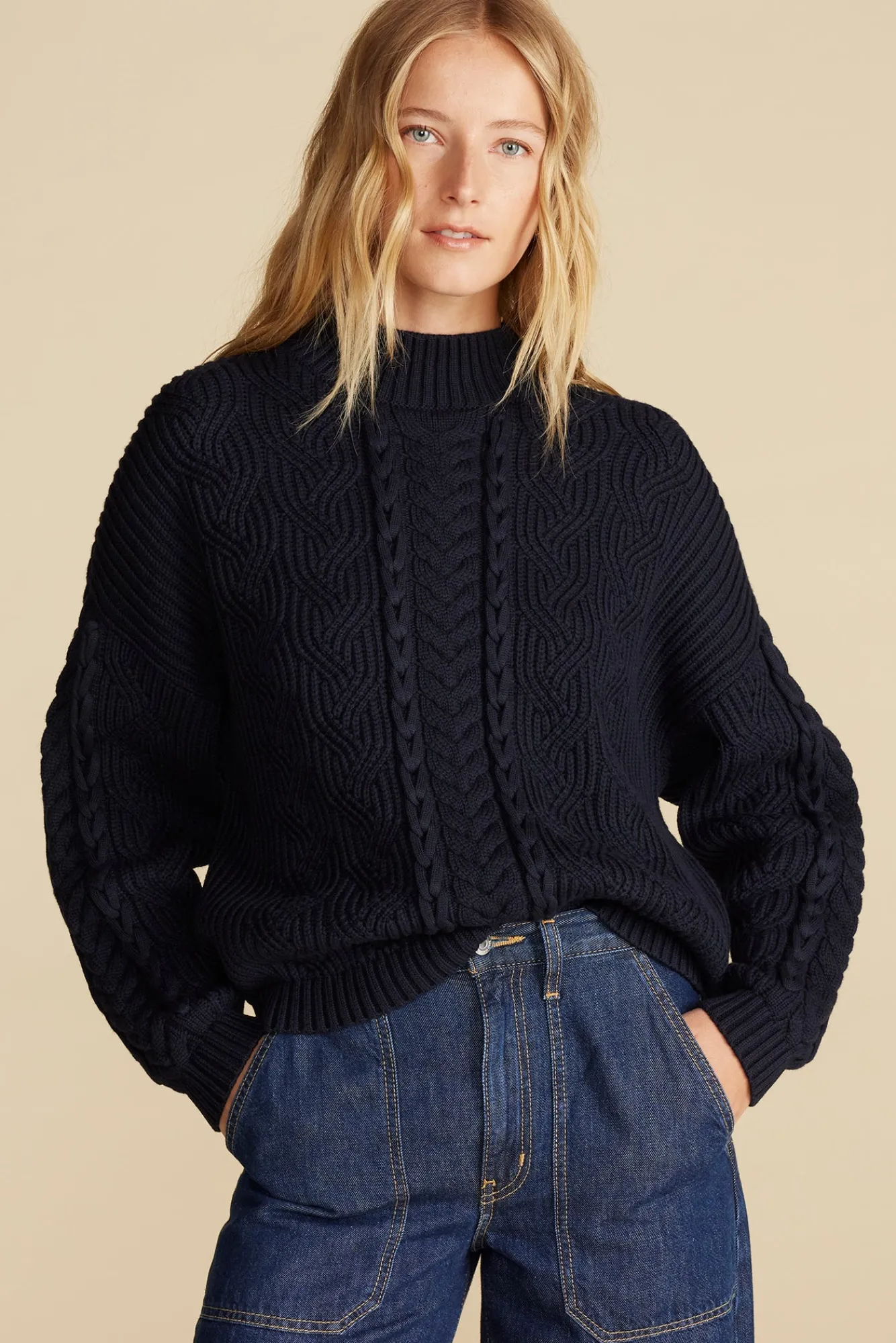 Amour Vert Celeste Cable Cotton Merino Sweater- Sweaters & Cardigans