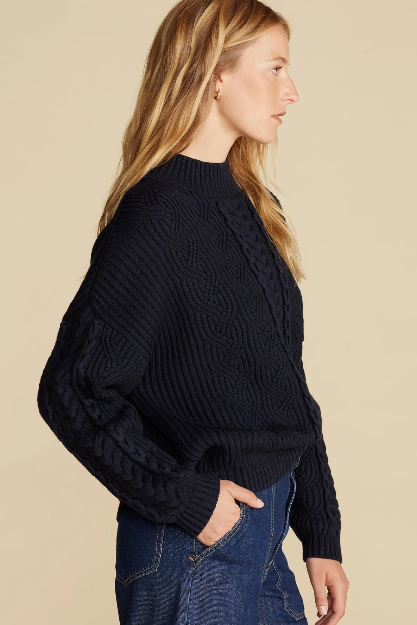 Amour Vert Celeste Cable Cotton Merino Sweater- Sweaters & Cardigans