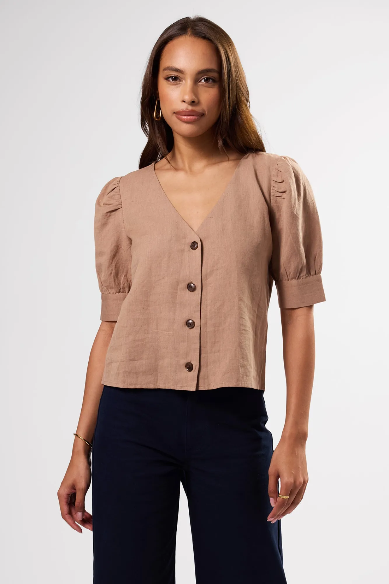 Amour Vert V Neck Cuff Sleeved Blouse- Tops|Clearance