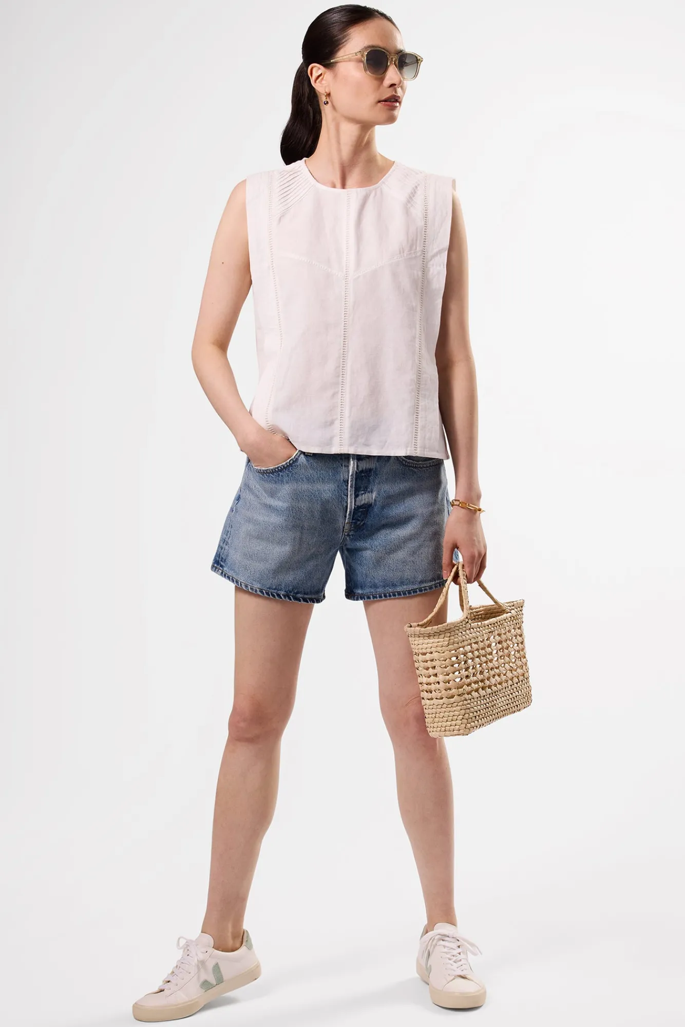 Amour Vert Detailed Cotton Linen Tank Top- Tops|Clearance