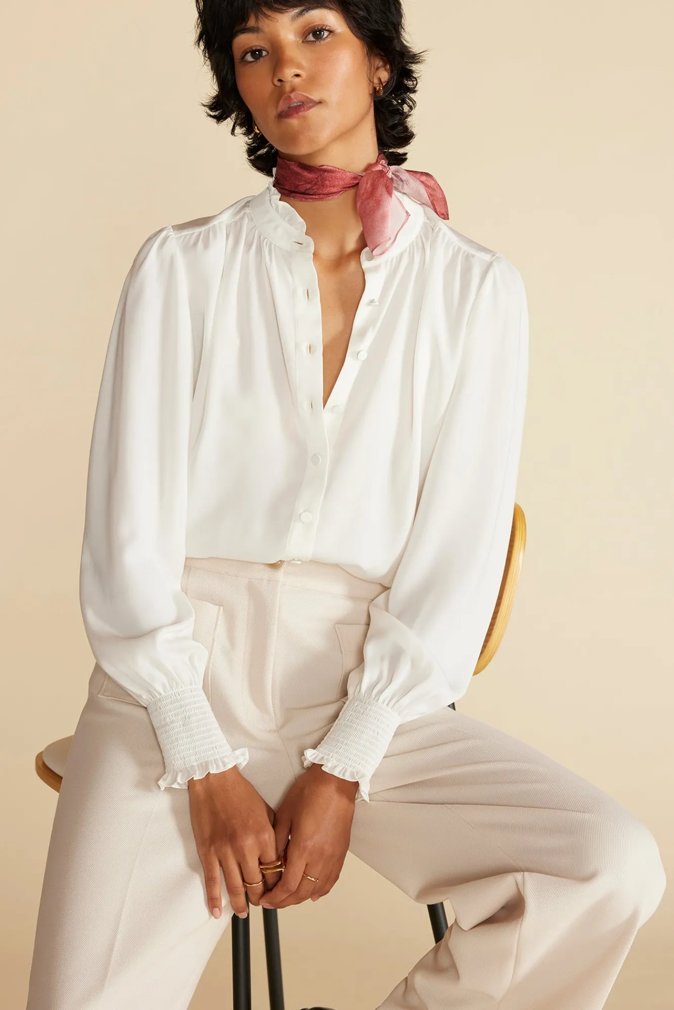 Amour Vert Charlotte Ruffled Recycled Sateen Blouse- Blouses & Shirts|Tops