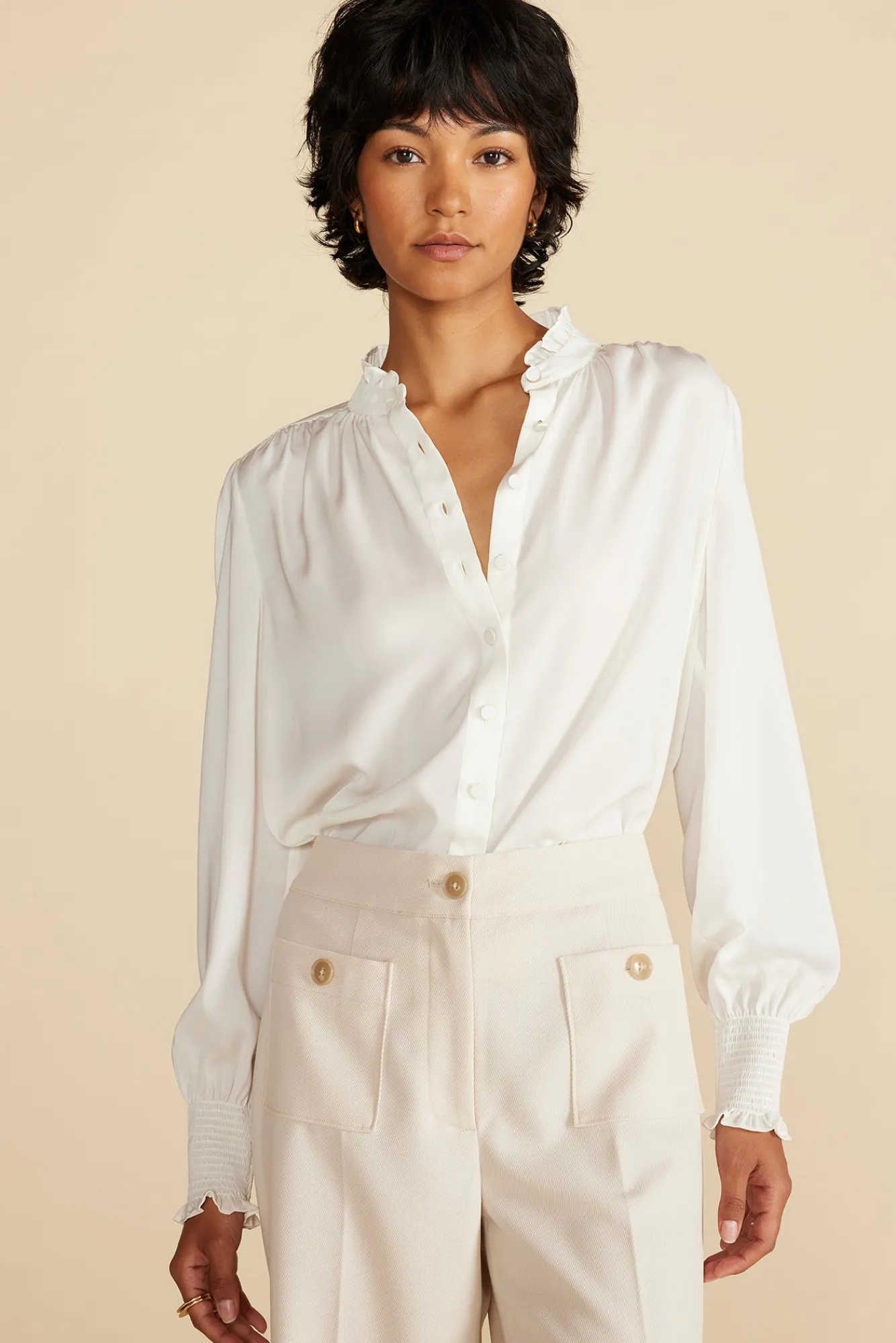 Amour Vert Charlotte Ruffled Recycled Sateen Blouse- Blouses & Shirts|Tops