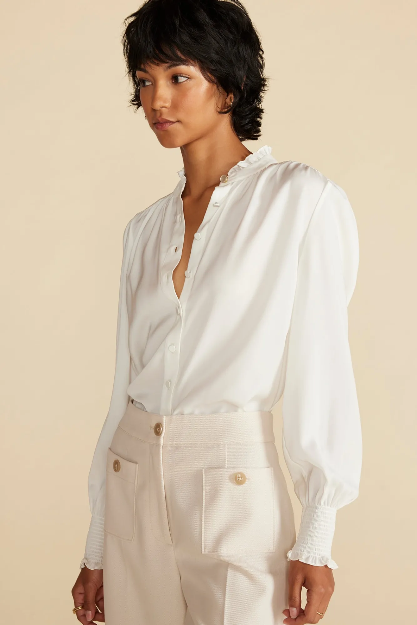 Amour Vert Charlotte Ruffled Recycled Sateen Blouse- Blouses & Shirts|Tops