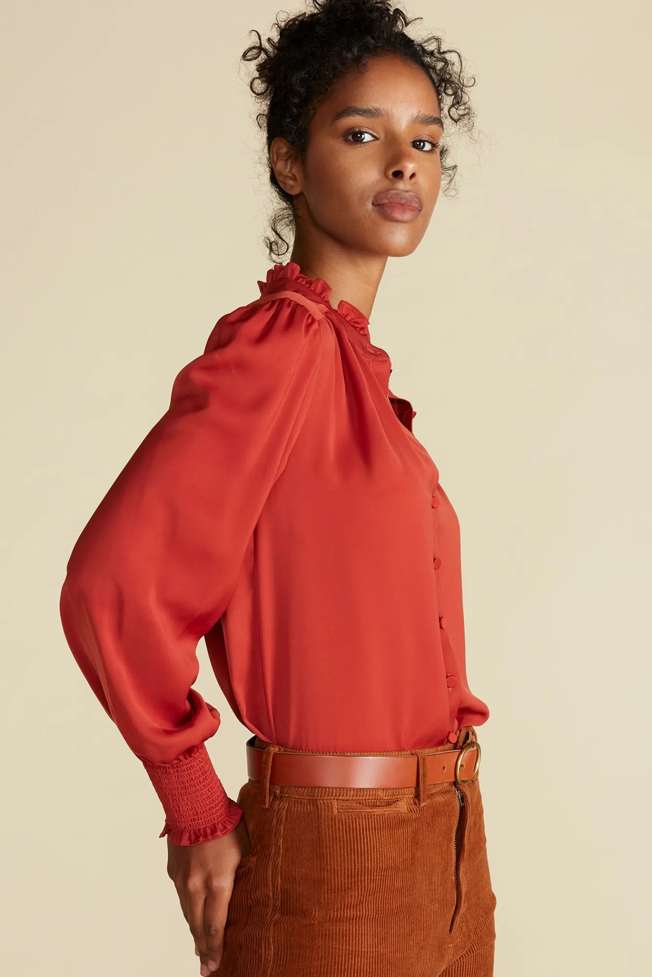 Amour Vert Charlotte Ruffled Recycled Sateen Blouse- Blouses & Shirts|Tops