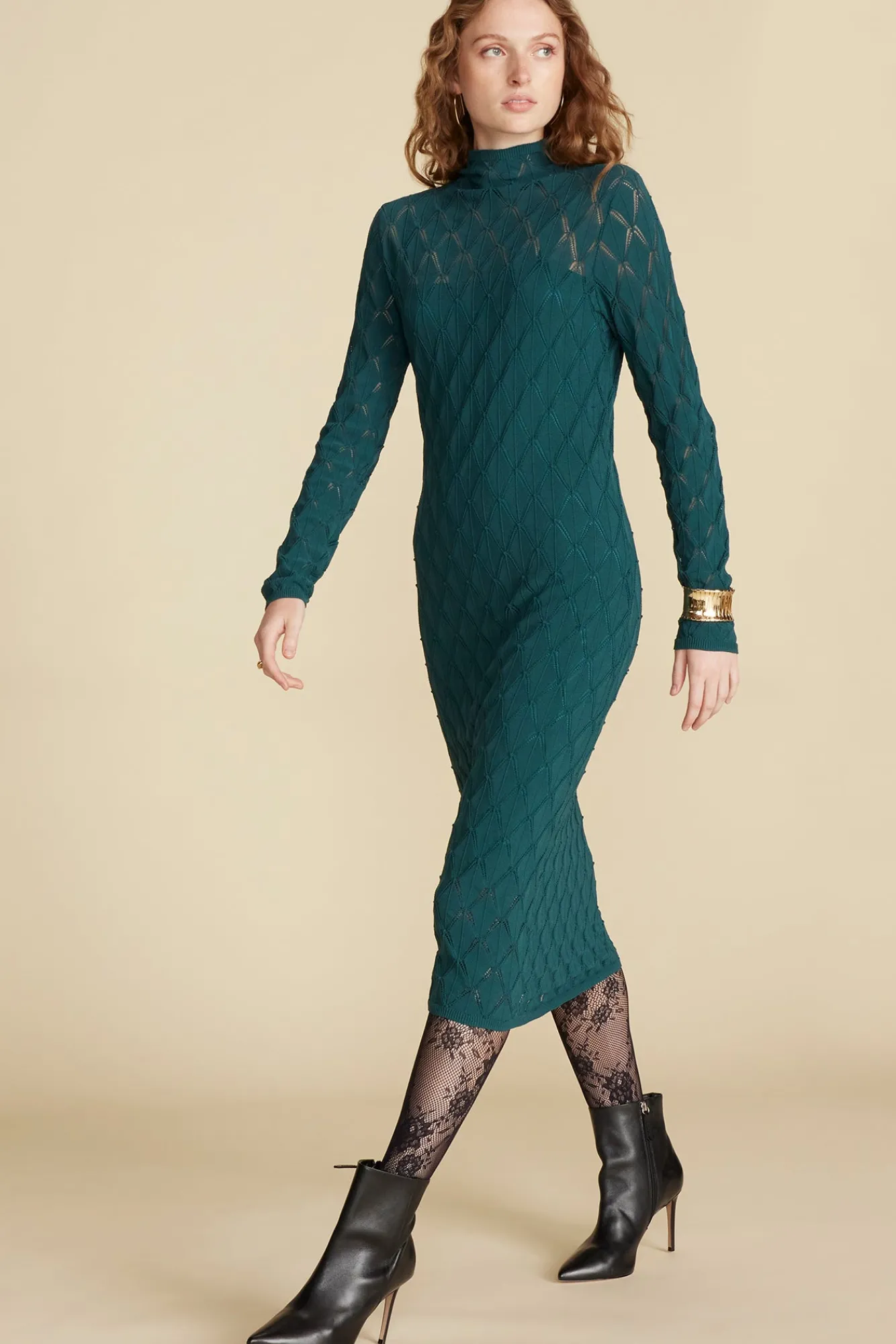 Amour Vert Dore Diamond Pointelle Midi Dress- Dresses