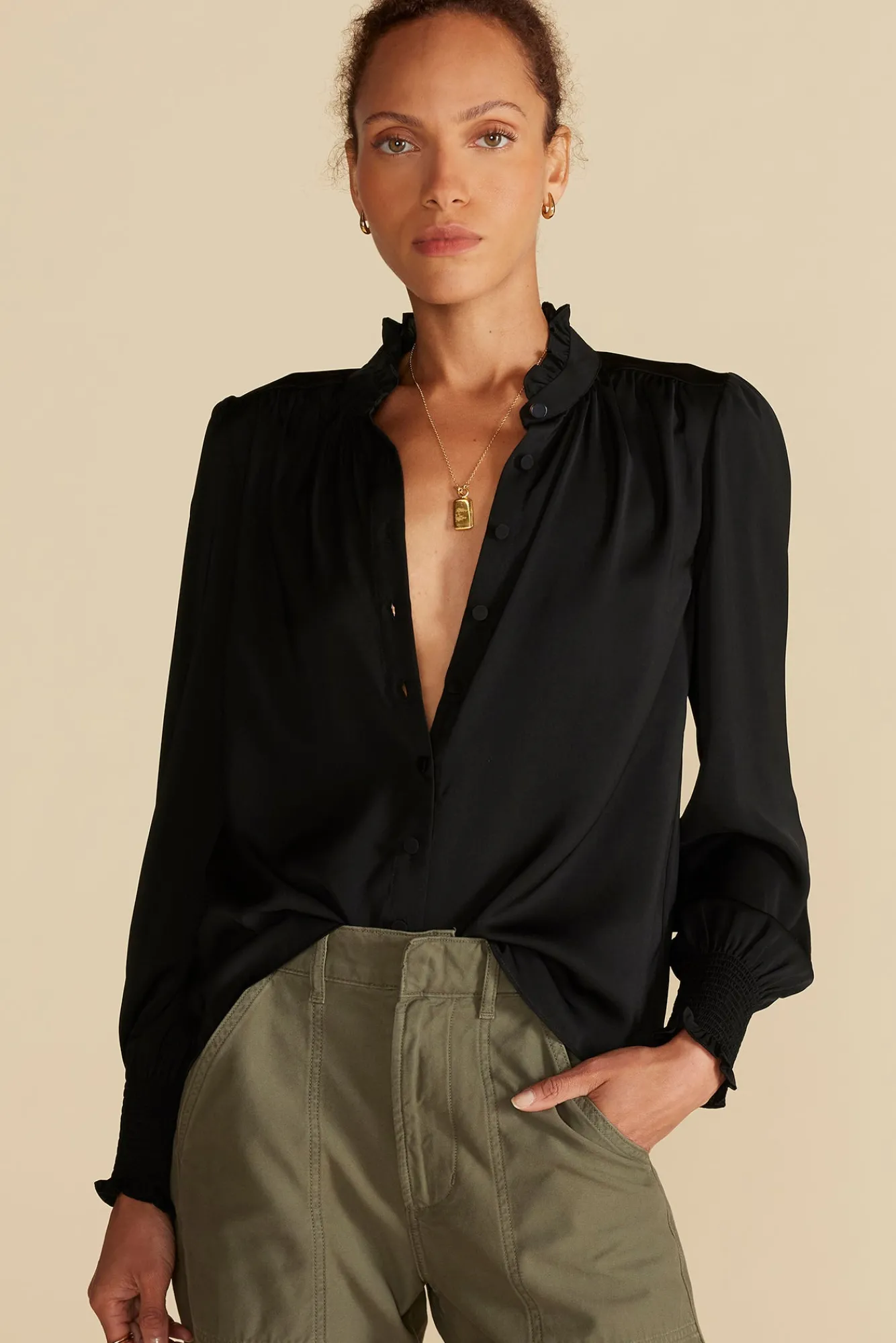 Amour Vert Charlotte Ruffled Recycled Sateen Blouse- Blouses & Shirts|Tops