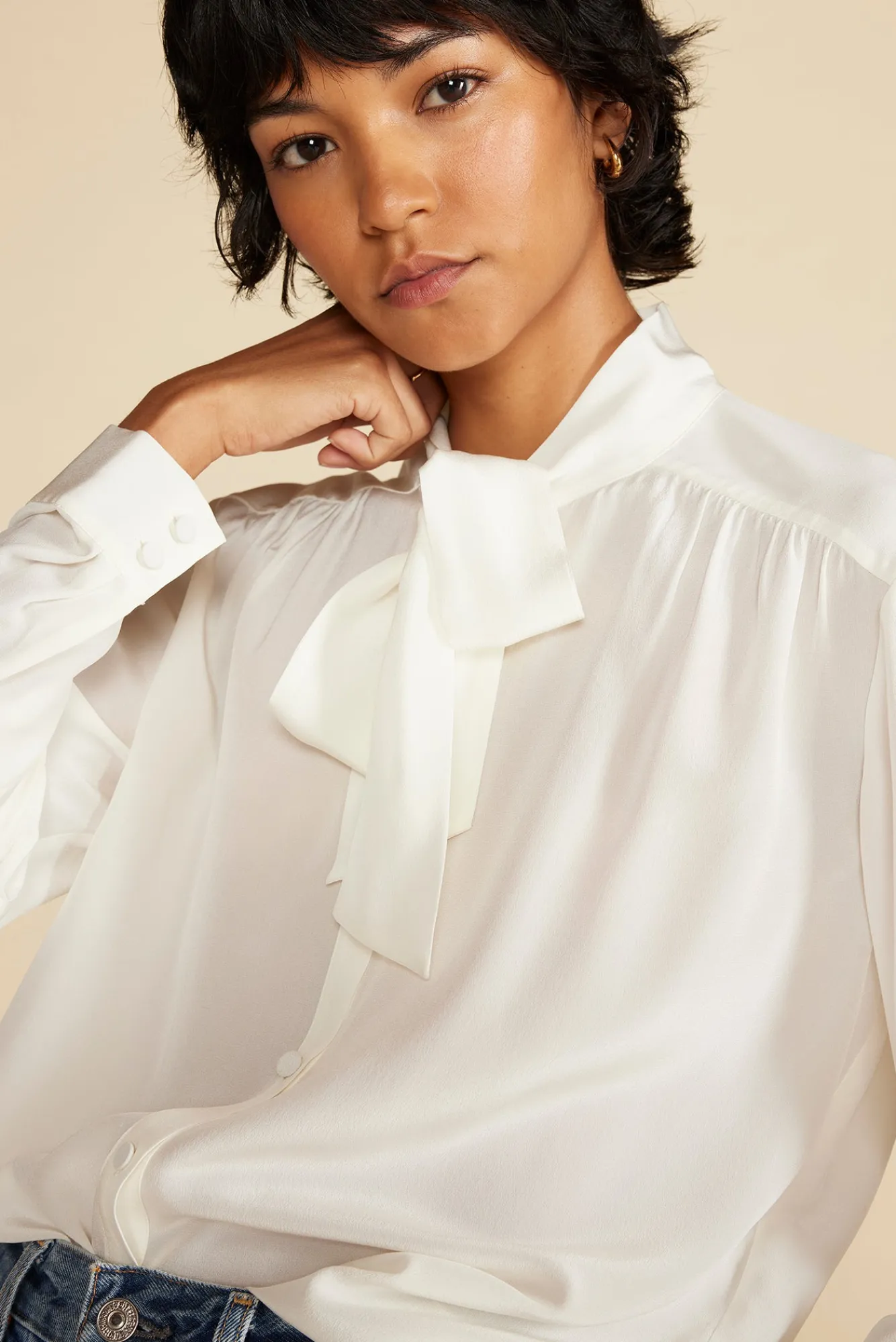 Amour Vert Milla Washable Silk Bow Blouse- Blouses & Shirts|Tops