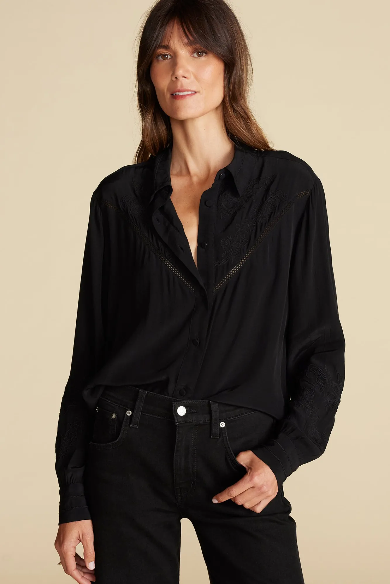 Amour Vert Melisande Embroidered Crepe Blouse- Blouses & Shirts|Tops