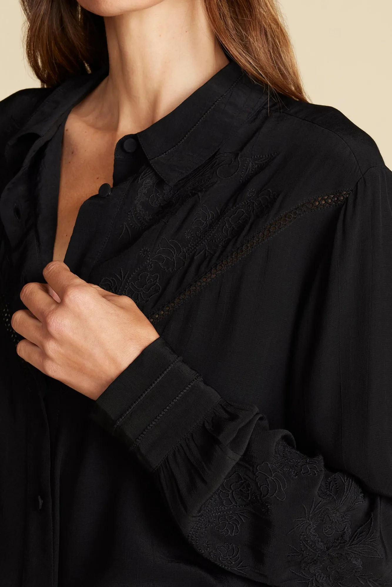 Amour Vert Melisande Embroidered Crepe Blouse- Blouses & Shirts|Tops