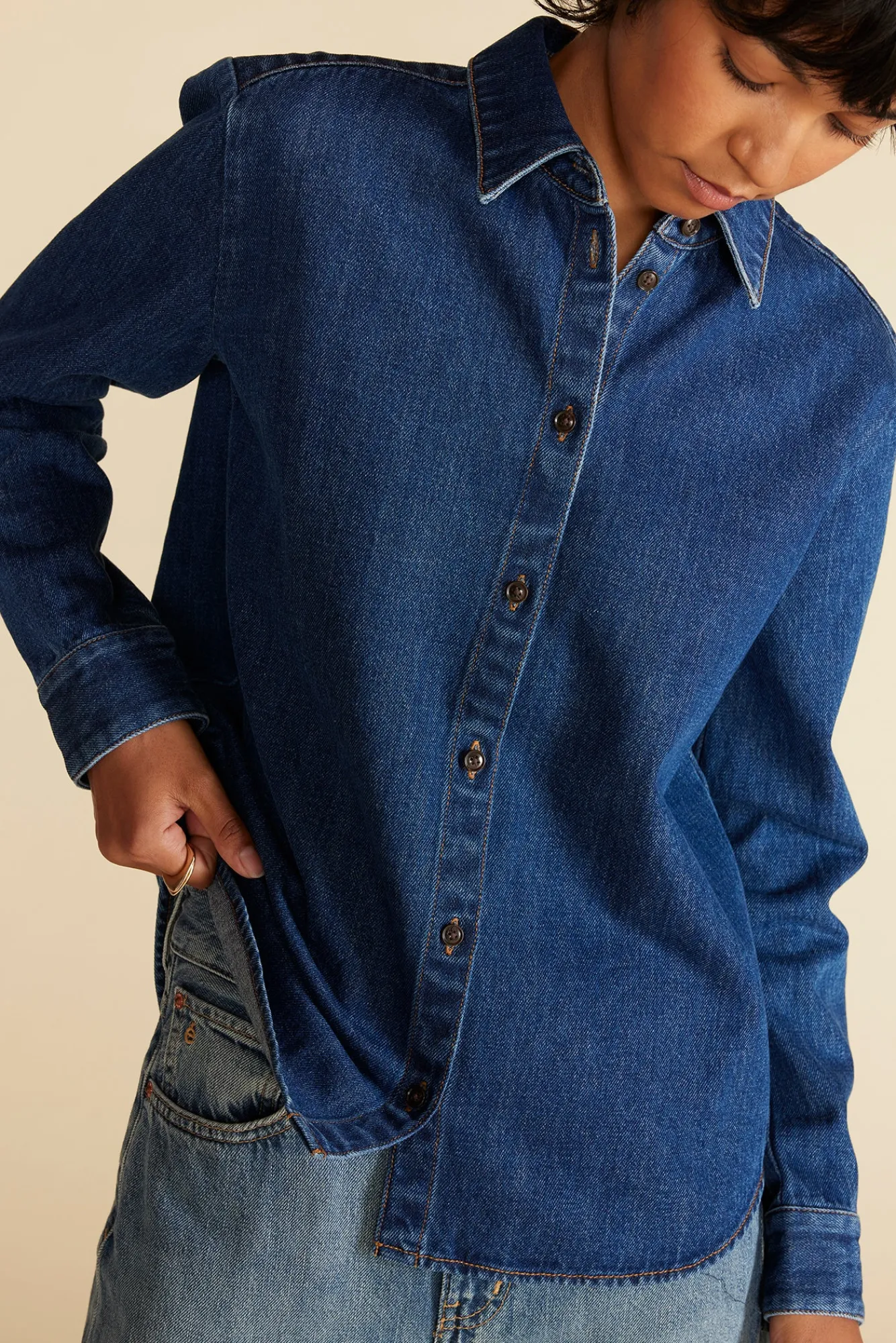 Amour Vert Bixby Denim Collared Long Sleeve Top- Blouses & Shirts|Tops